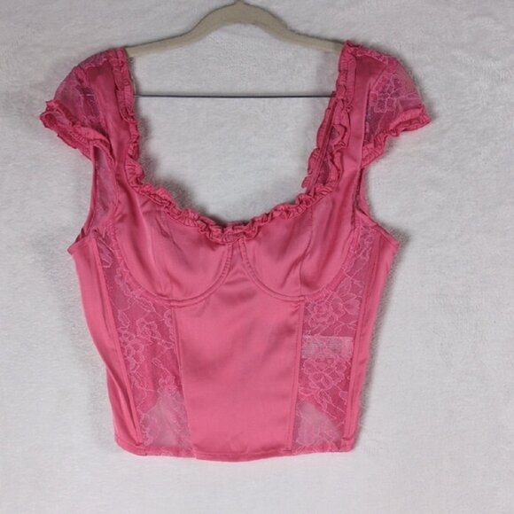 Forever‎ 21 Juniors Pink Satin Lace Corset Bustie Top Size L - Picture 1 of 9